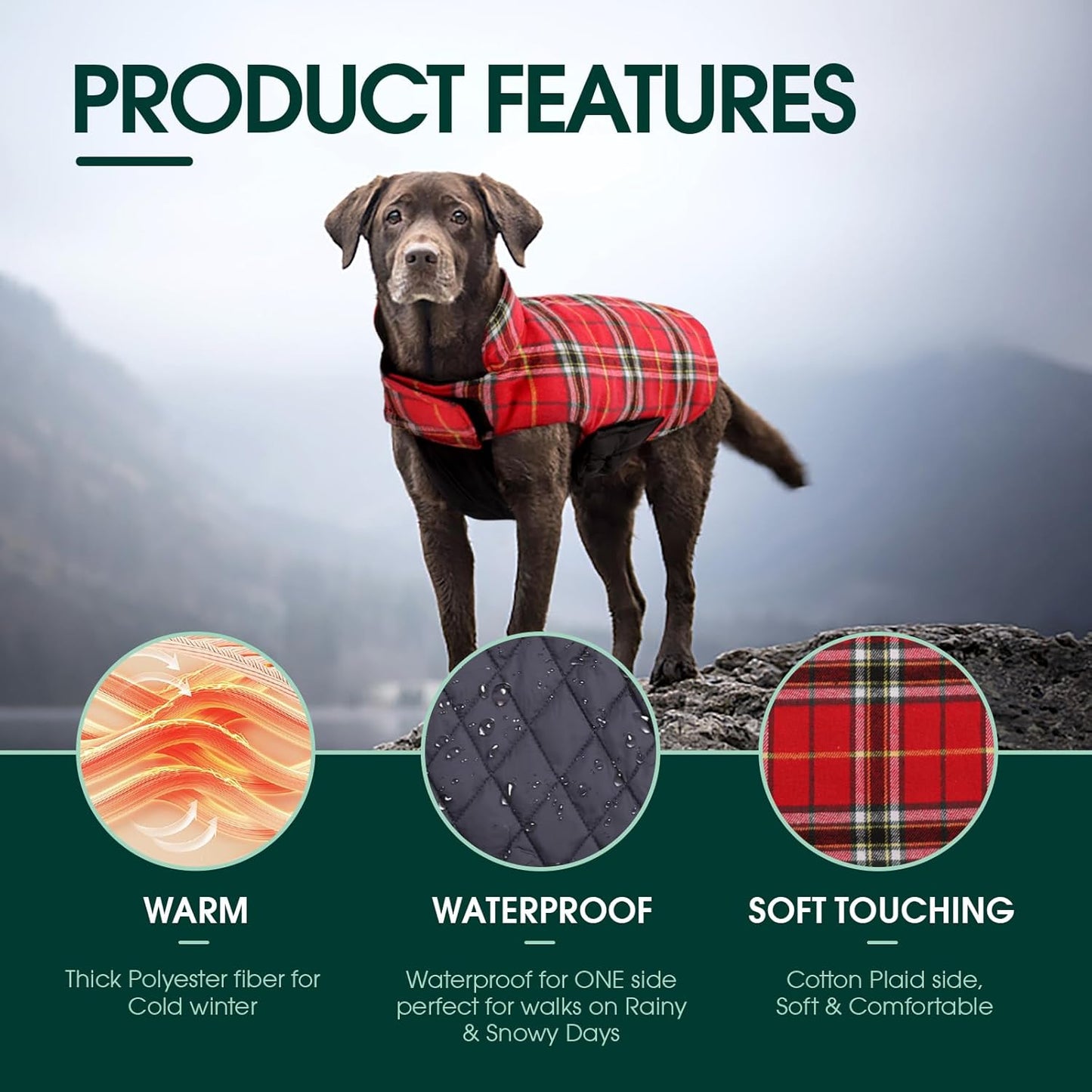 Kuoser Warm Dog Coat, Waterproof Dog Jacket for Extra Large Dogs, Adjustable Durable XXXL Doggie Winter Coat Reversible Puppy Cold Weather Apparel for Large Breed, Bright Red 3XL