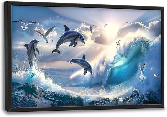 Dolphin Seagull Large Wall Art Sea Ocean Waves Sunrise Pictures Wall Decor Nautical Coastal Canvas Print Painting Artwork for Bathroom Living Room Bedroom 36L" x 24W"
