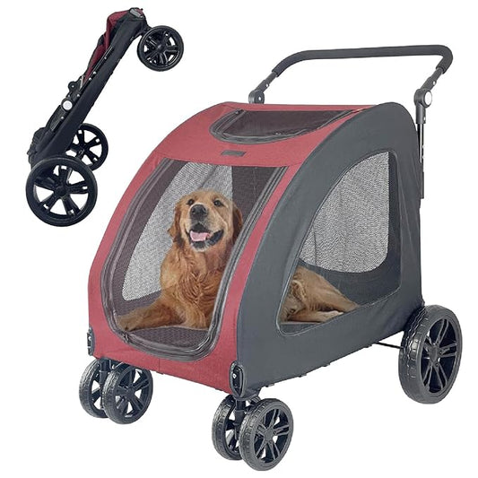Extra Large Dog Stroller for Medium & Large Pets - Foldable Design, Adjustable Handle, Up to 130 lbs(Red)