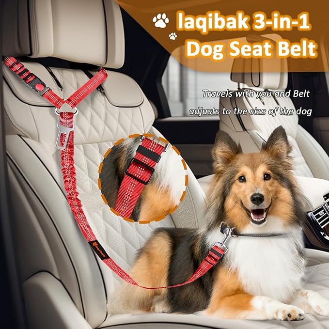 Removable Dog Seat Belt Harness for Car, 3 in 1 Pet Dog Car Seatbelt Leash, Retractable Restraint Secures to Vehicle Headrest & Adjustable Reflective Bungee Dog Seatbelt Tether, Red
