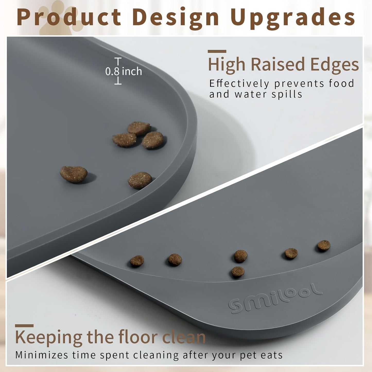 Silicone Pet Feeding Mat with Raised Edge & Residue Collection Pocket for Food and Water, Dog Bowl Mats, Cat Bowls Placemat with High Lip for Floor Waterproof, 22 x 14 x 0.8 Grey