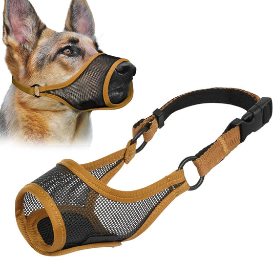 LUCKYPAW Dog Muzzle, Mesh Muzzle for Large Medium Small Dogs, Soft Mouth Guard for Biting Chewing, Breathable Mouth Guard with Adjustable Strap for Training(Brown, S(Snout:7.75"-8.75"))