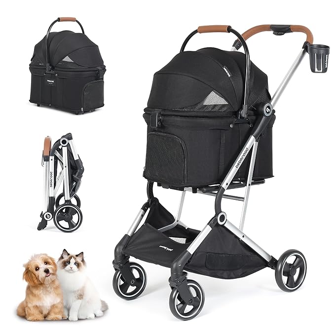 T3 Pro 3-in-1 Small Pet Stroller for Dog & Cats, 4 Wheels with Detachable Carrier with Pad, Canopy and Cup Holder (Black)