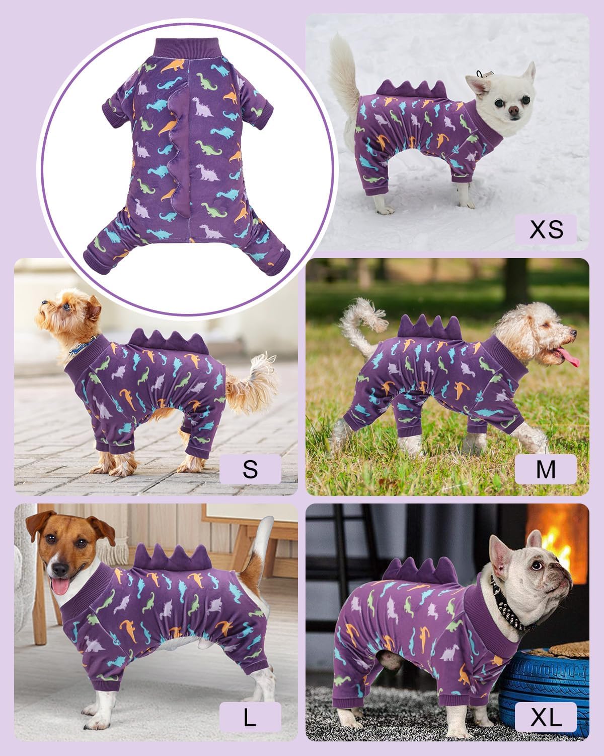 CuteBone Dinosaur Costume Dog Pajamas, Stretchy Spandex Crystal Velvet Sleepwear Coat for Small Dogs, Soft & Warm Pet Outfit Clothes for Cold Weather, Cozy Pullover Design COSP04M