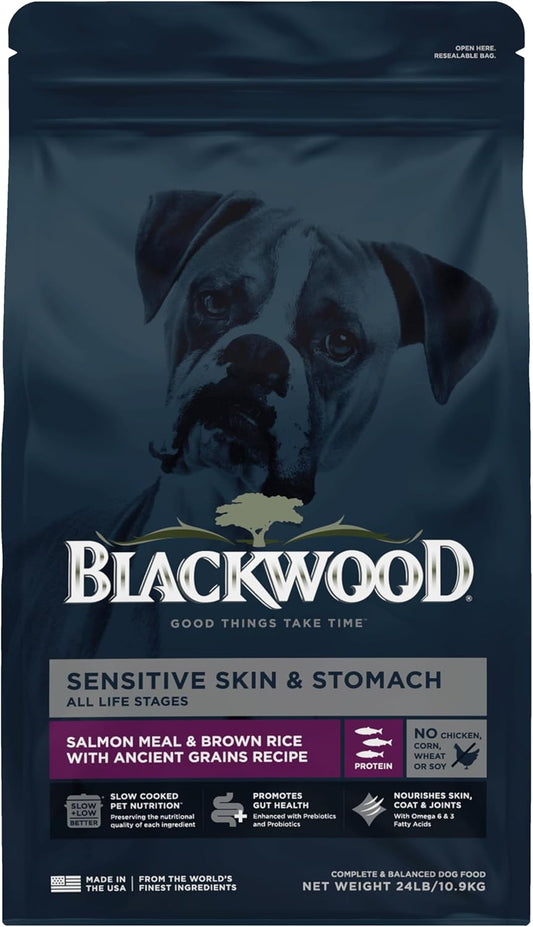 Blackwood Sensitive Skin & Stomach Dry Dog Food, Salmon Meal & Brown Rice with Ancient Grains, 24 Pound Bag with Prebiotics & Probiotics to Promote Gut Health