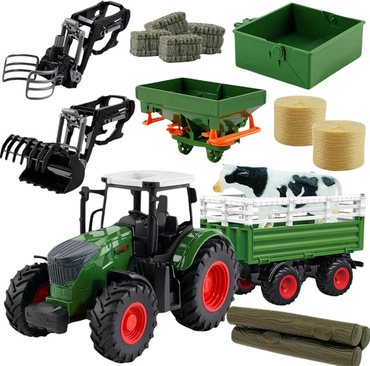 Farm Toys Tractor with Trailer-16.5 Inches Tractor Playset 1/24 Scale Gripper Frontloader Spreader for Boys Kids Toddlers Age 3-7 Years Old