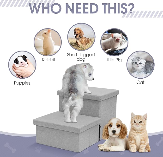 Heeyoo Dog Stairs with Storage, Foldable Dog Steps for Small Dogs, 2 Tiers Non-Slip Pet Stairs for High Beds Or Couch and Sofa, Hold up to 150 lbs Pet Doggy Cat