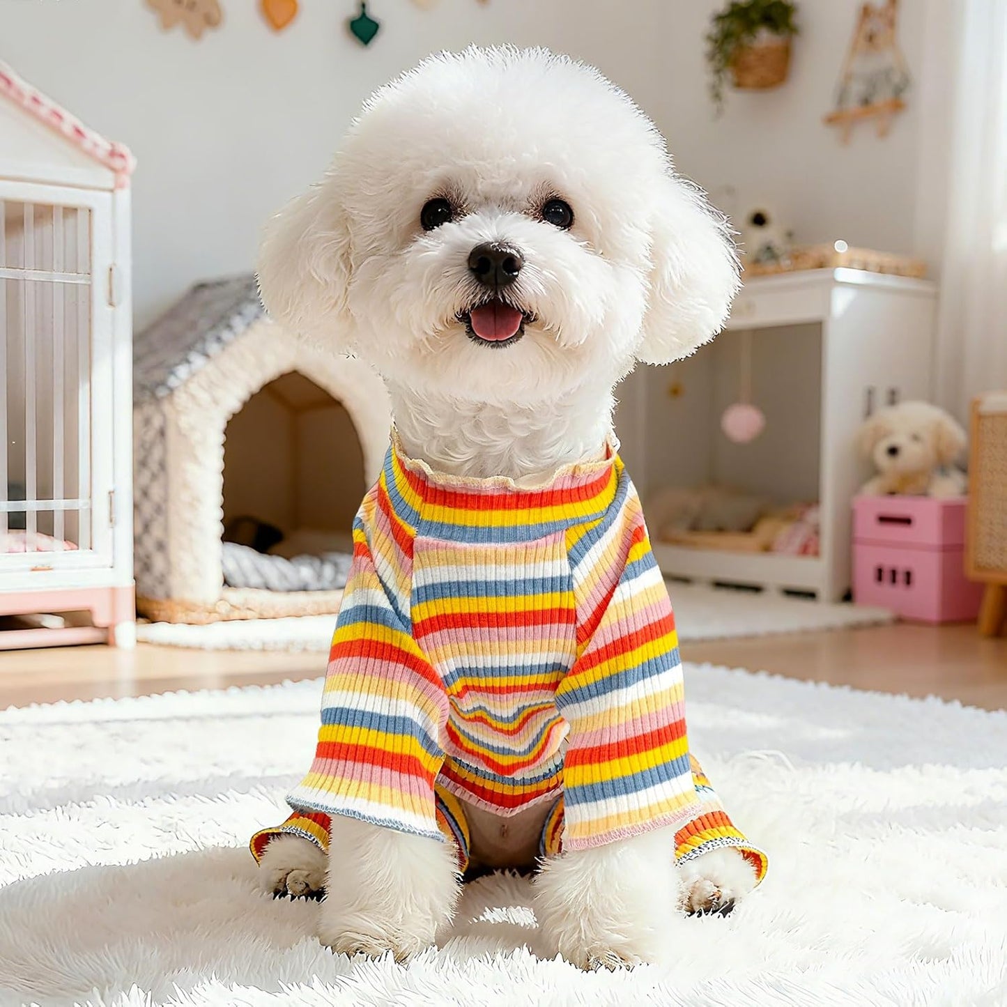 BAEJMJK Striped Dog Pajamas Stretchy Cute Four-Legged Boy Girl Dog Clothes with Sleeves Comfortable Dogs Jumpsuit Colorful Pet Puppy Outfits Apparel for Small Medium Dogs Cats(Yellow,Medium)