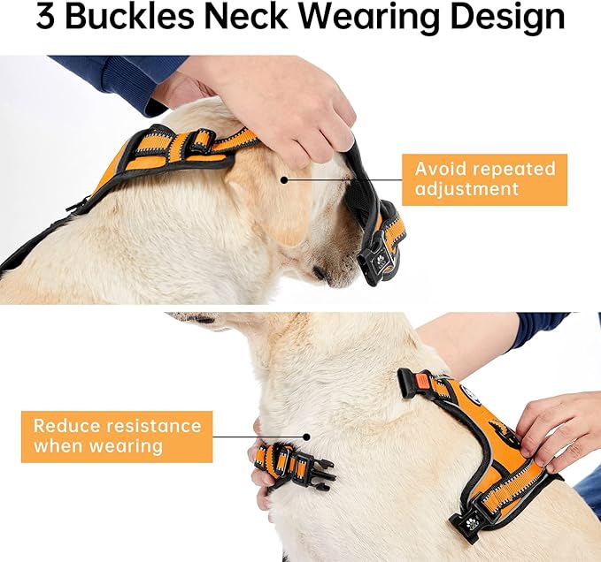 IVY&LANE No Pull Dog Harness for Large Dogs, Dog Vest Harness with Leash, Safety Belt and Storage Strap, Fully Adjustable Harness, 360° Reflective Strip, Soft Handle (Orange,X-Large)