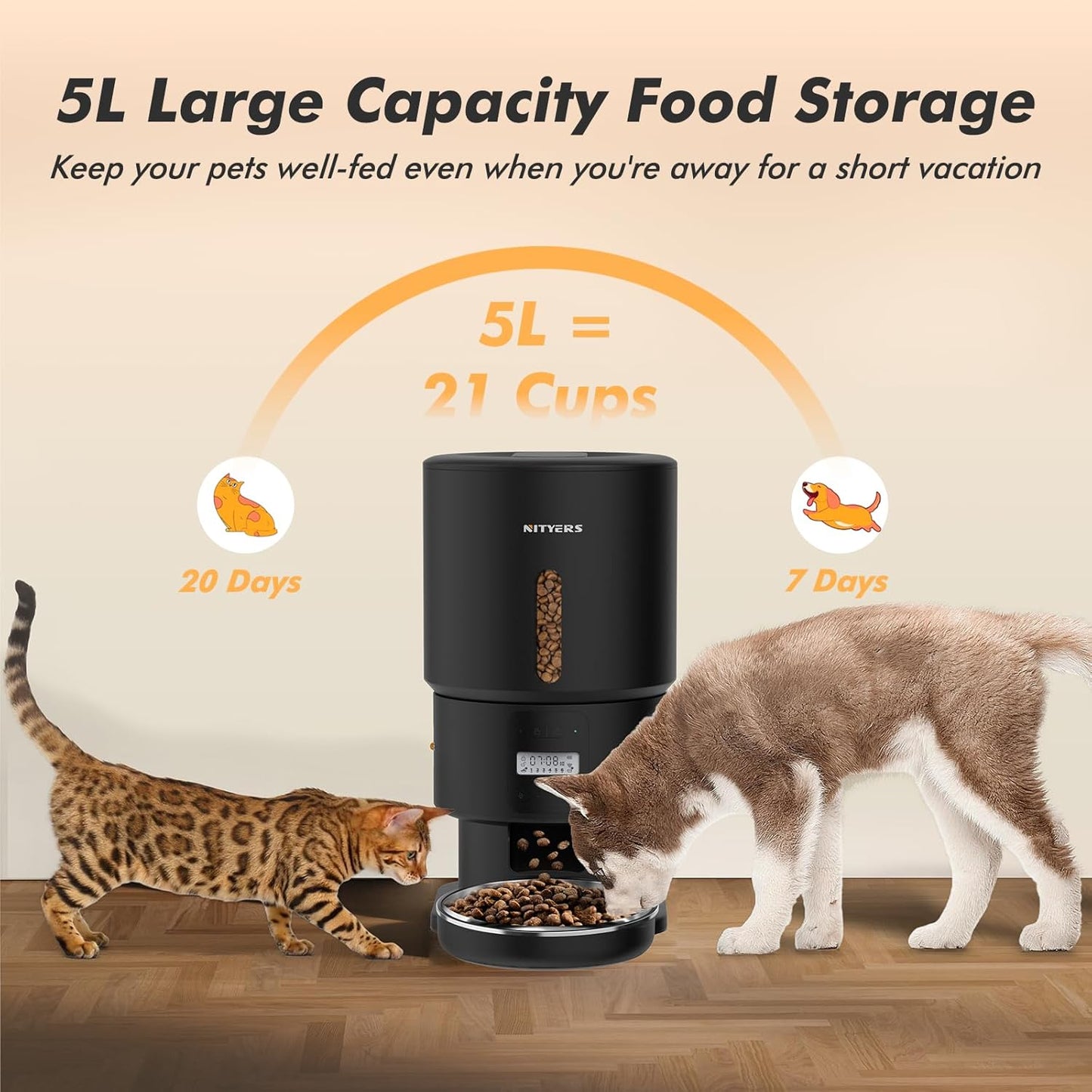 Automatic Cat Feeder - 5L Anti-Clog Cat Food Dispenser with Freshness Preservation, 1-6 Meals/Day, Programmable Portions, 10s Voice, 180-Day Battery Life, Auto Pet Feeder for Multi Cats and Dogs