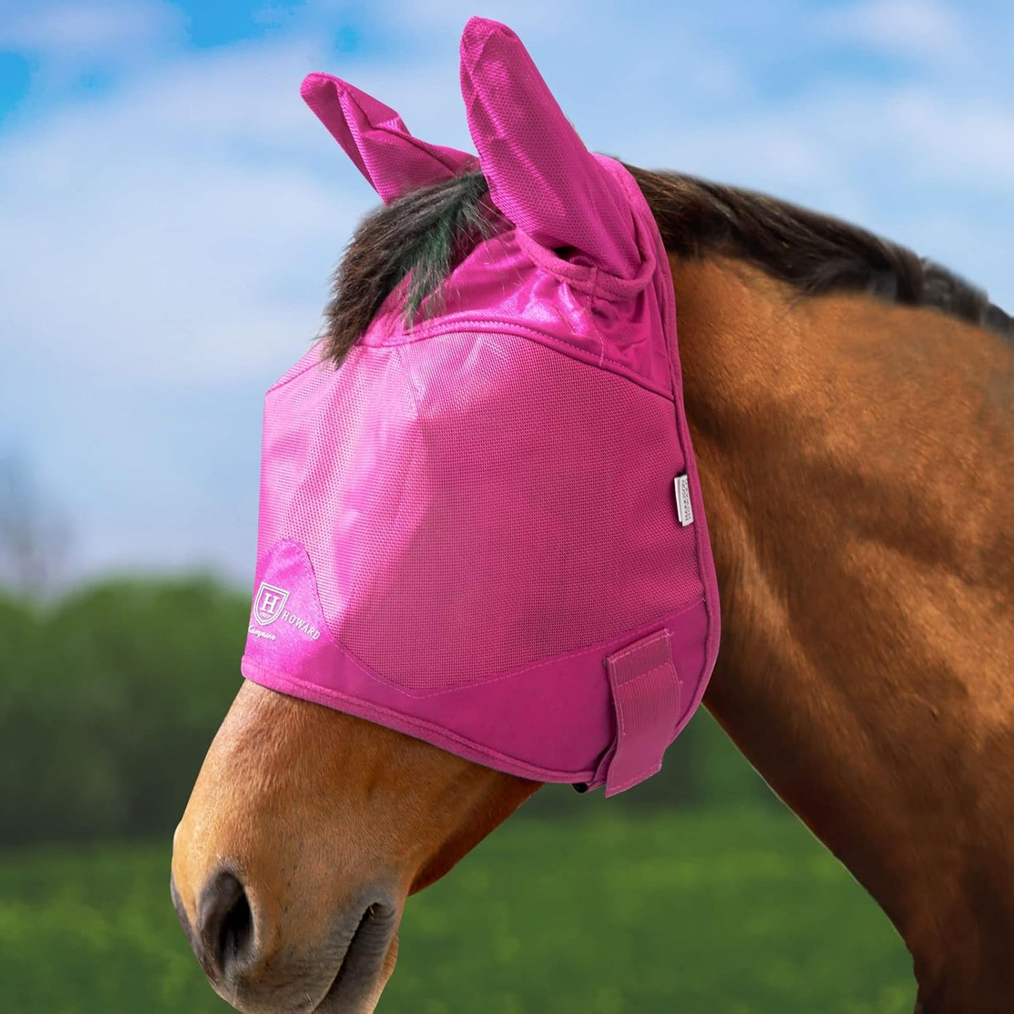 Harrison Howard UV-proof Multi-Function Fabrics Thick Fleece Padding Horse Fly Mask Half Face with Ears Magenta Horse Large
