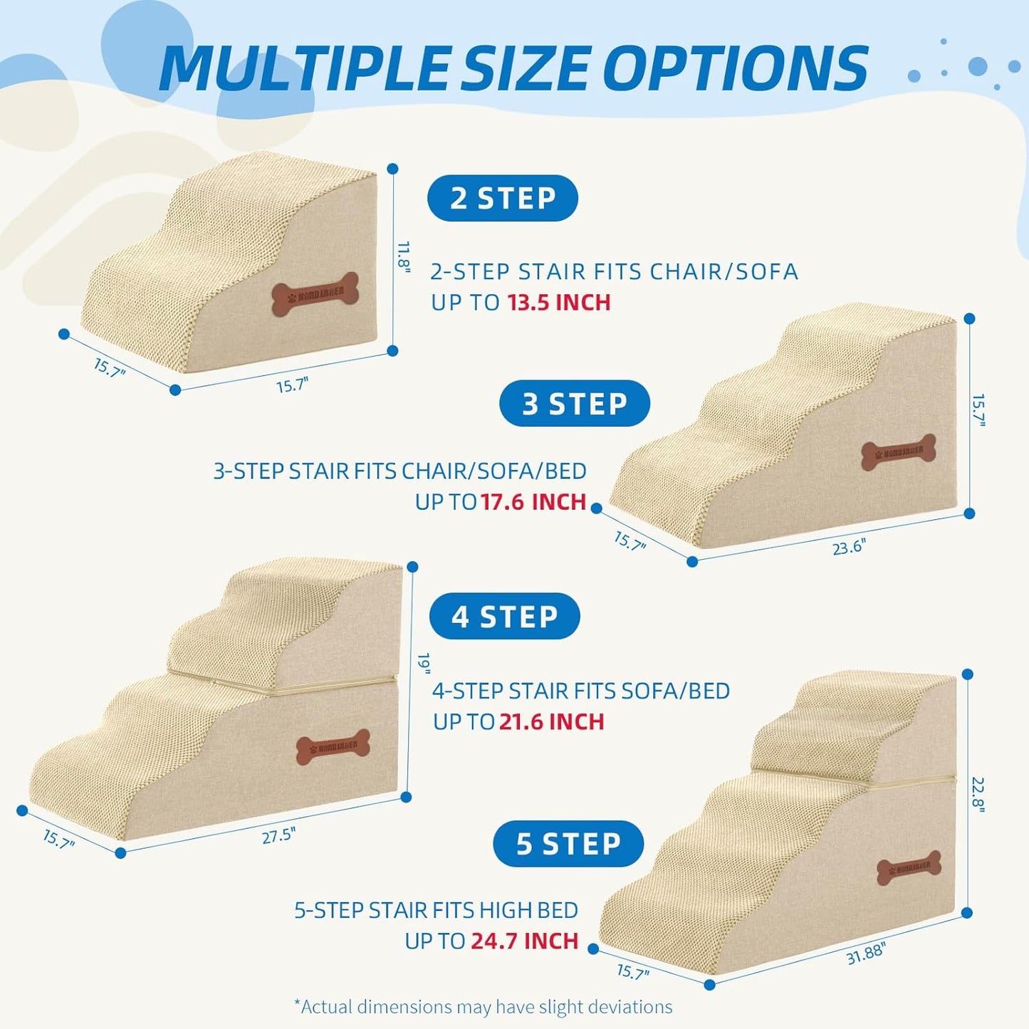 5-Step Spliceable Pet Stairs: Indoor& Outdoor Multi-Use with a Removable Cover and a Pocket, Best for Small Pets and Older Dogs Who Has Spine and Arthritis Issues to Get on High Beds, Beige（22.8" H）