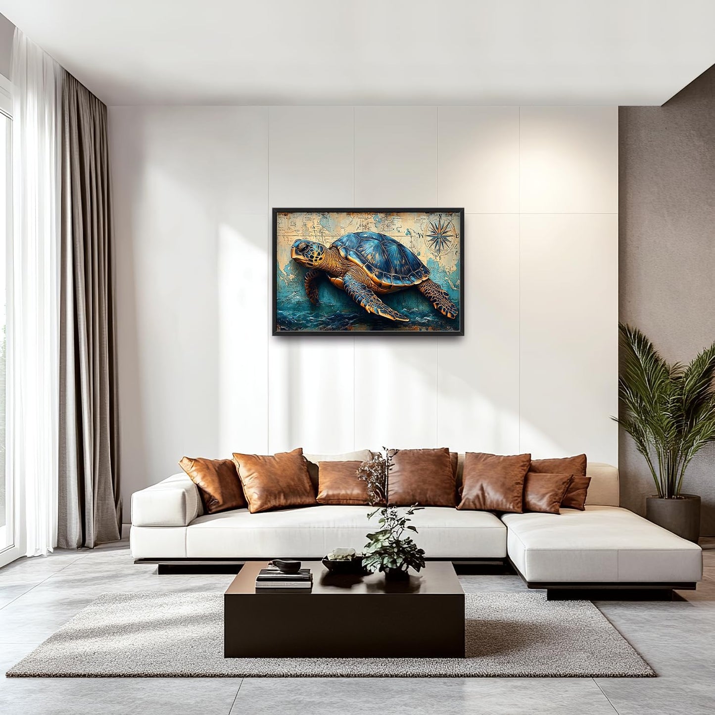 Large Nautical Turtle Wall Art for Living Room, Coastal Ocean Canvas Oversized Wall Decor, Beach Aesthetics Framed Pictures Painting Print Artwork for Bedroom Office 36L" x 24W"