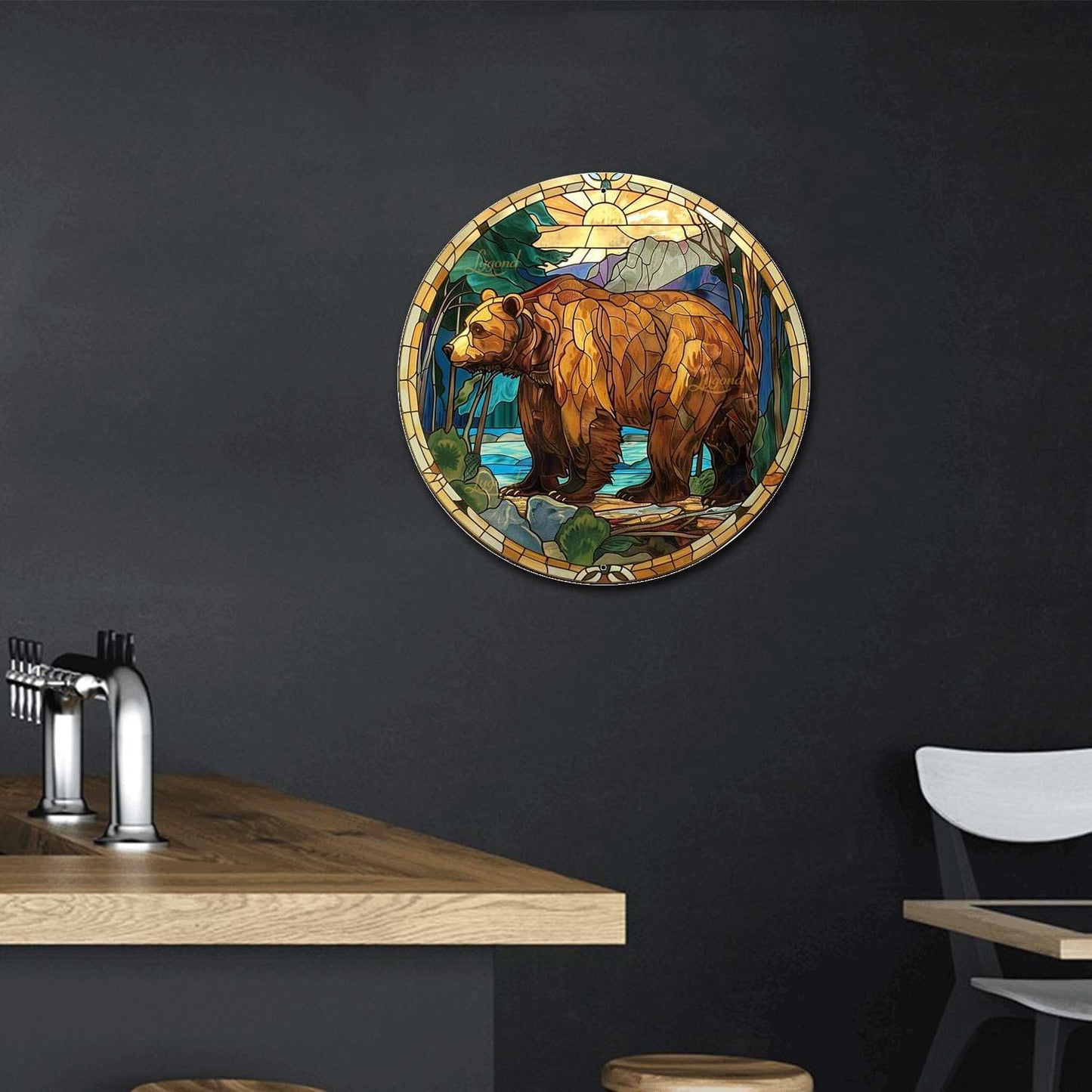 Lygond Metal Sign Tin Sign Circular Stained Glass Bear Home Decor for Patio 12×12 Inches