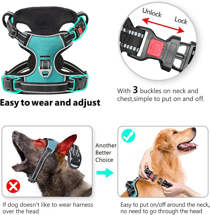 Timos No Pull Dog Harness, Release at Neck Reflective 3 Snap Buckles Adjustable No Choke Pet Vest with Front & Back 2 Leash Clips, Soft Padded Control Training Handle for Small Medium Large Dogs