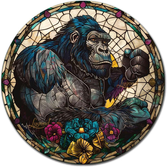 Lygond Metal Sign Tin Sign Circular Stained Glass Gorilla Wall Art for Club 12×12 Inches