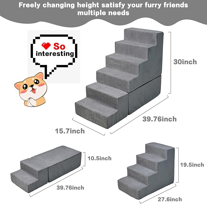 Dog Stair Steps for High Beds 30 inches Tall, 33D Foam Dog Ramp for Bed 30-32 inches, 6-Step Pet Stair Steps for Small Large Dogs for Bed Climbing, Non-Slip Dog Steps for Older Dogs/Cats, Grey