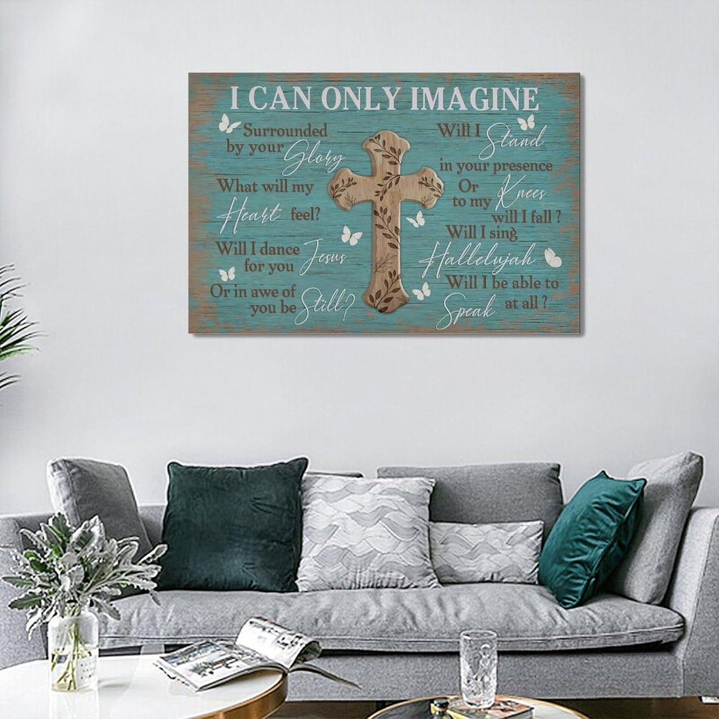 Rustic Christian Cross Wall Art I Can Only Imagine Pictures Farmhouse Butterfly Wall Decor Teal Motivational Canvas Print Painting Artwork for Bathroom Living Room Bedroom 16"x24"