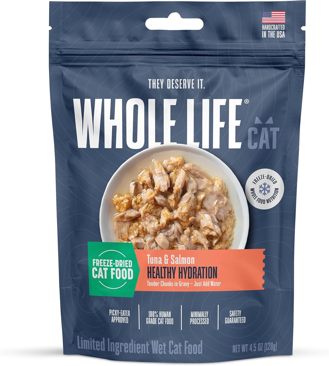 Whole Life Cat Freeze Dried Cat Food - Human-Grade Wet Food Toppers, Single Ingredient Snacks & Lickable Treats, Instantly Hydrating Natural Broth Just Add Water, Made in USA - Salmon & Tuna, 3 Oz