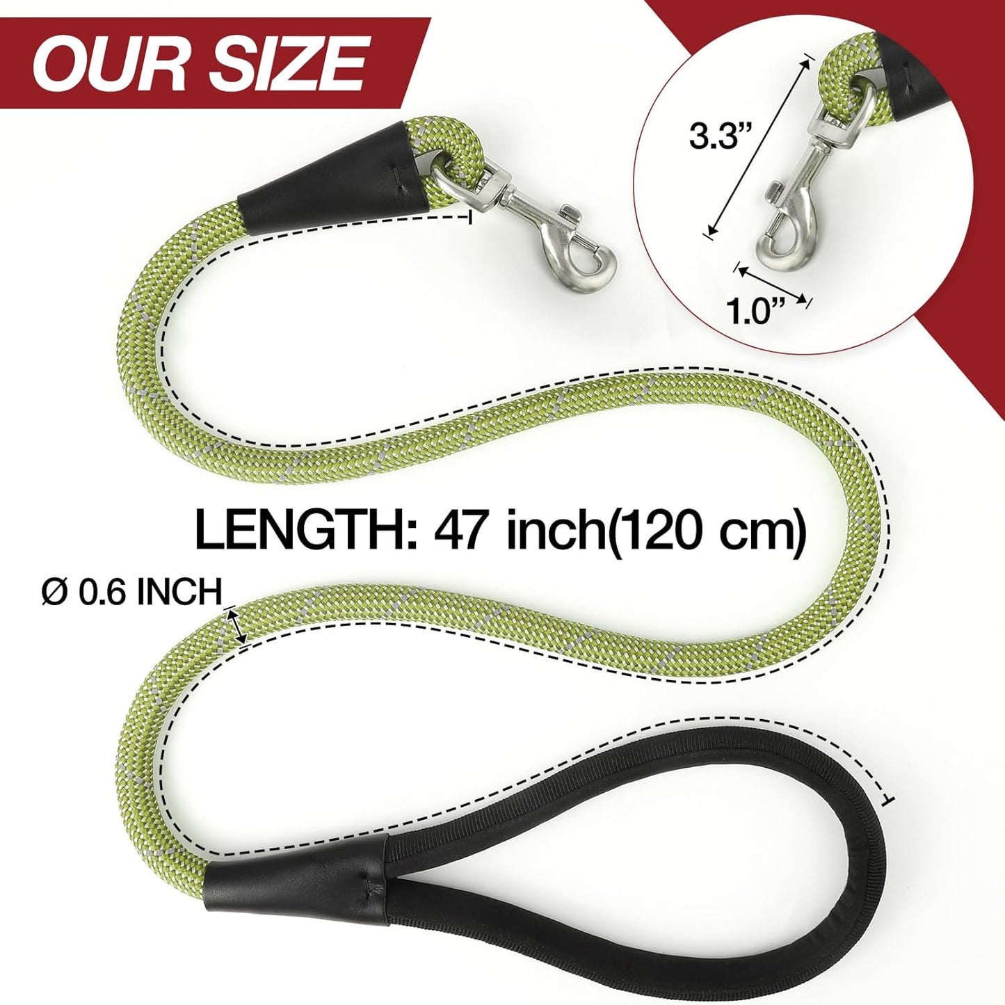 Green 4FT Dog Leash for Large Dogs Night Walking Reflective Heavy Duty Chew-Resistant Nylon Leash with Padded Handle and 360° Swivel Clip Strong for Medium to Large Breeds