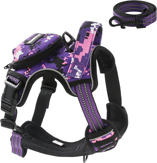 No Pull Dog Harness for Large Dogs, Adjustable No Choke Pet Vest with Dog Leash Fit Smart Reflective Pet Walking Harness for Training Easy Control Soft Handle Purple Camo XL