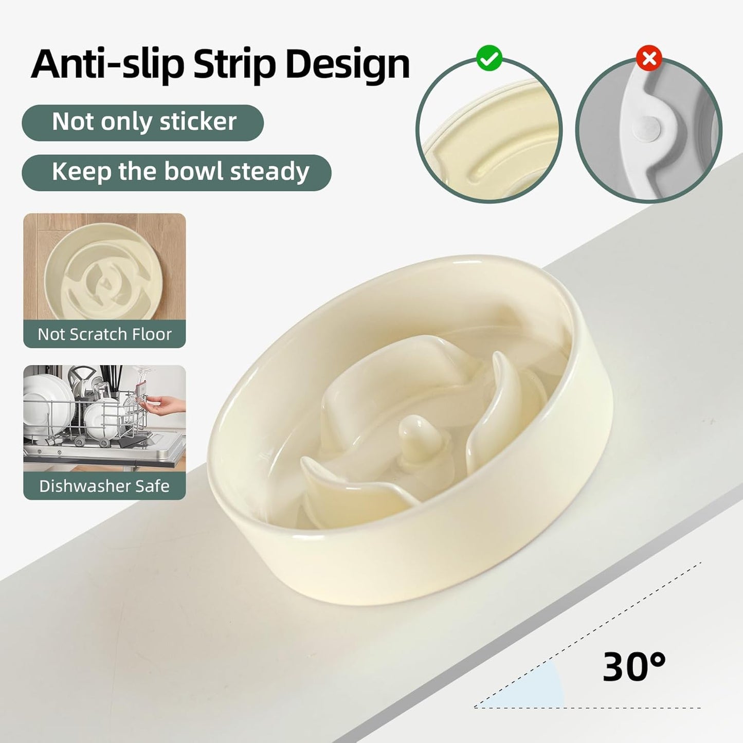 Ceramic Raised Slow Feeder Dog Bowl Set, Elevated 5.1inch Water Bowl and 6.1inch Puzzle Slow Pet Food Dish with Wooden Stand for Small Dog and Cat, Anti-Gulping (2X Beige+ Stand)