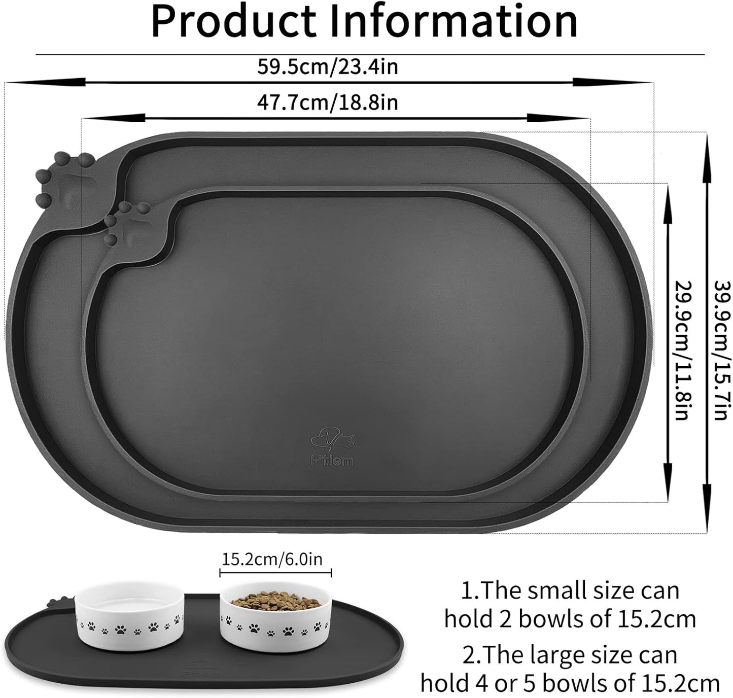 KPWACD Pet Placemat for Dog and Cat, Waterproof Silicone Dogs Feeding Bowl Mat Prevent Food and Water Overflow, High-Lips Puppy Dish Mats Suitable for Small Medium Big Pets, Black, 24" * 16"