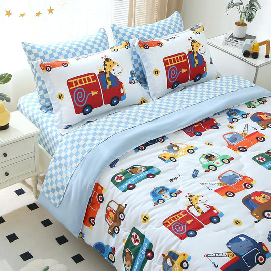 Kids Cars Animal Comforter Set Twin Size for Boys Girls Teens 7 Piece Cartoon Construction Fire Truck Excavator Police Ambulance Lion Cat Dog Elephant Bedding Set Bed in A Bag,Colourful