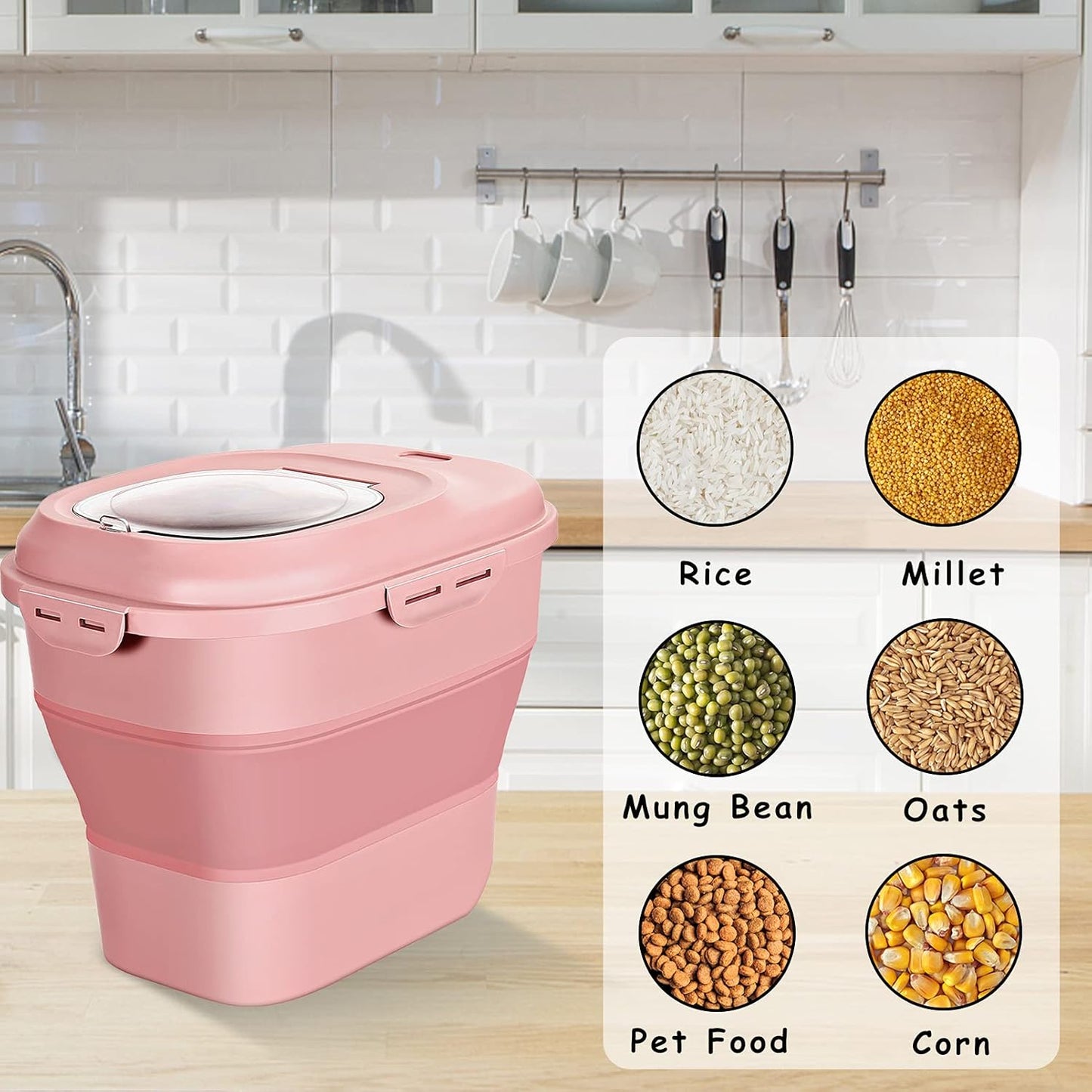 Cereal Rice Food Storage Containers, Collapsible 20 to 50 Lbs Dispenser Bin with Rolling Wheel Airtight Locking Lid, Dog Pet Cat Flour Sugar Plastic Leakproof Sealable Large Kitchen Pantry Holder