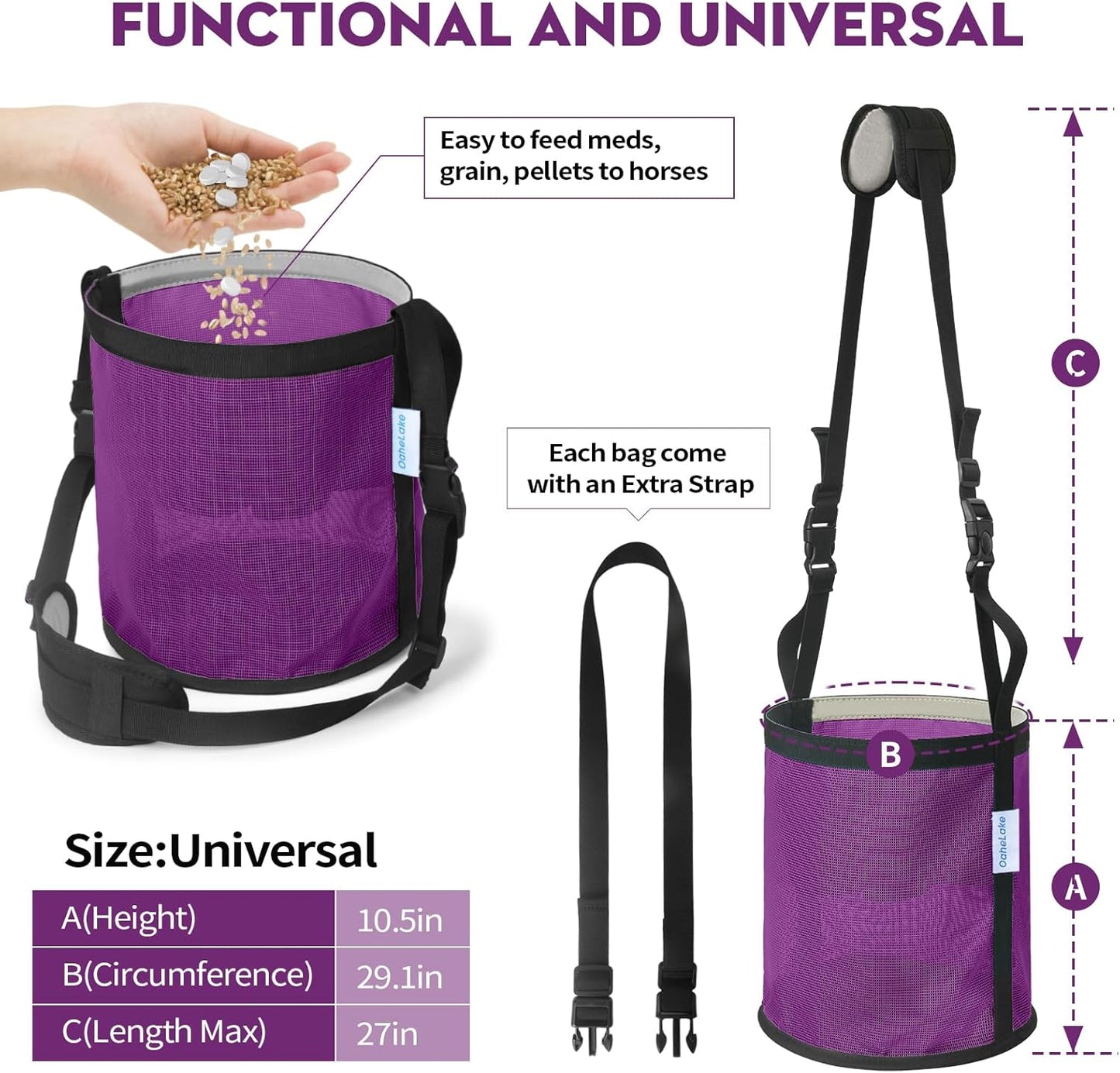 Horse Feed Bag 2 Pcs, Mesh Feed Bags for Horses, Muzzle Feedbag for Feeding Grain, Anti-Spill Design Feeder, Soft Neck Pad Nose Pad, Universal Fit (Purple, Pack of 2)