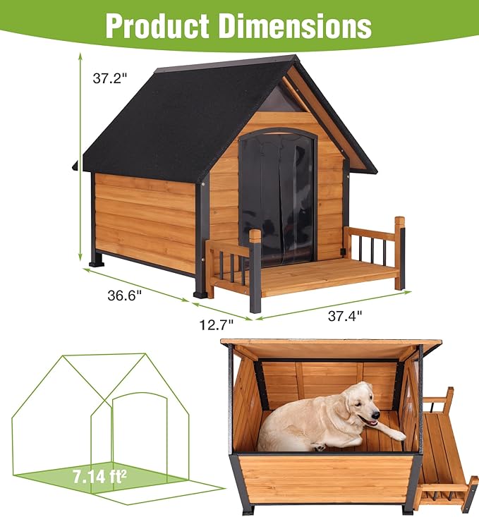 Large Outdoor Dog House Insulated, Weatherproof Dog Kennel with Porch, Anti-Chewing Metal Frame, for Medium to Large Breed