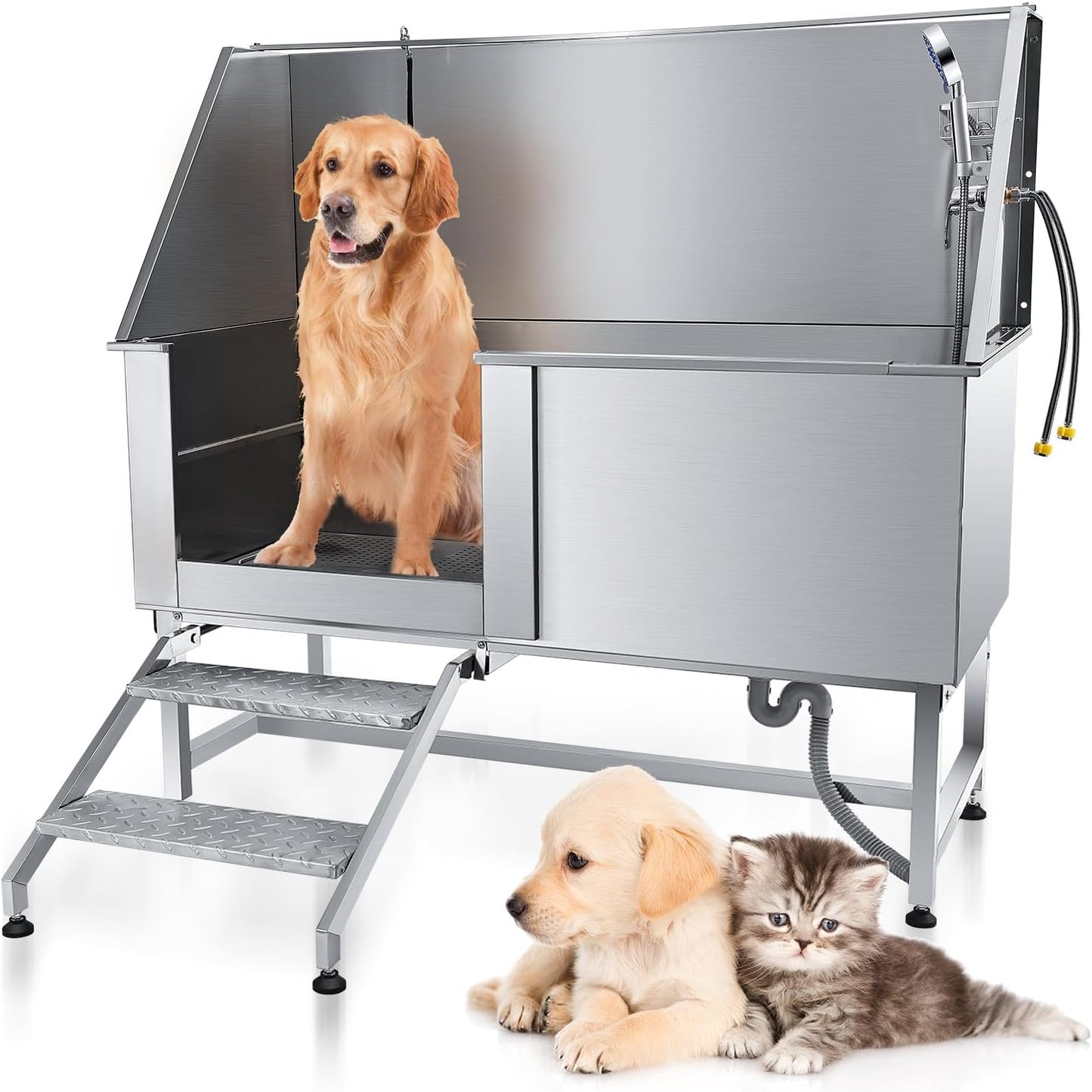 62" Pet Dog Bathing Station,Professional Stainless Steel Dog Grooming Tub,Pet Bathing Tub Dog Bathing Station with Faucet Walk-in Ramp Accessories,Commercial or Household use, (Extra Large)