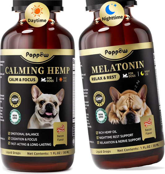 Hemp & Melatonin Calming Drops for Dogs – Day & Night Calming Treat for Anxiety Relief, Stress, Aggression, Separation, Relaxation & Sleep Aid, Bacon Flavor, 2 FL Oz