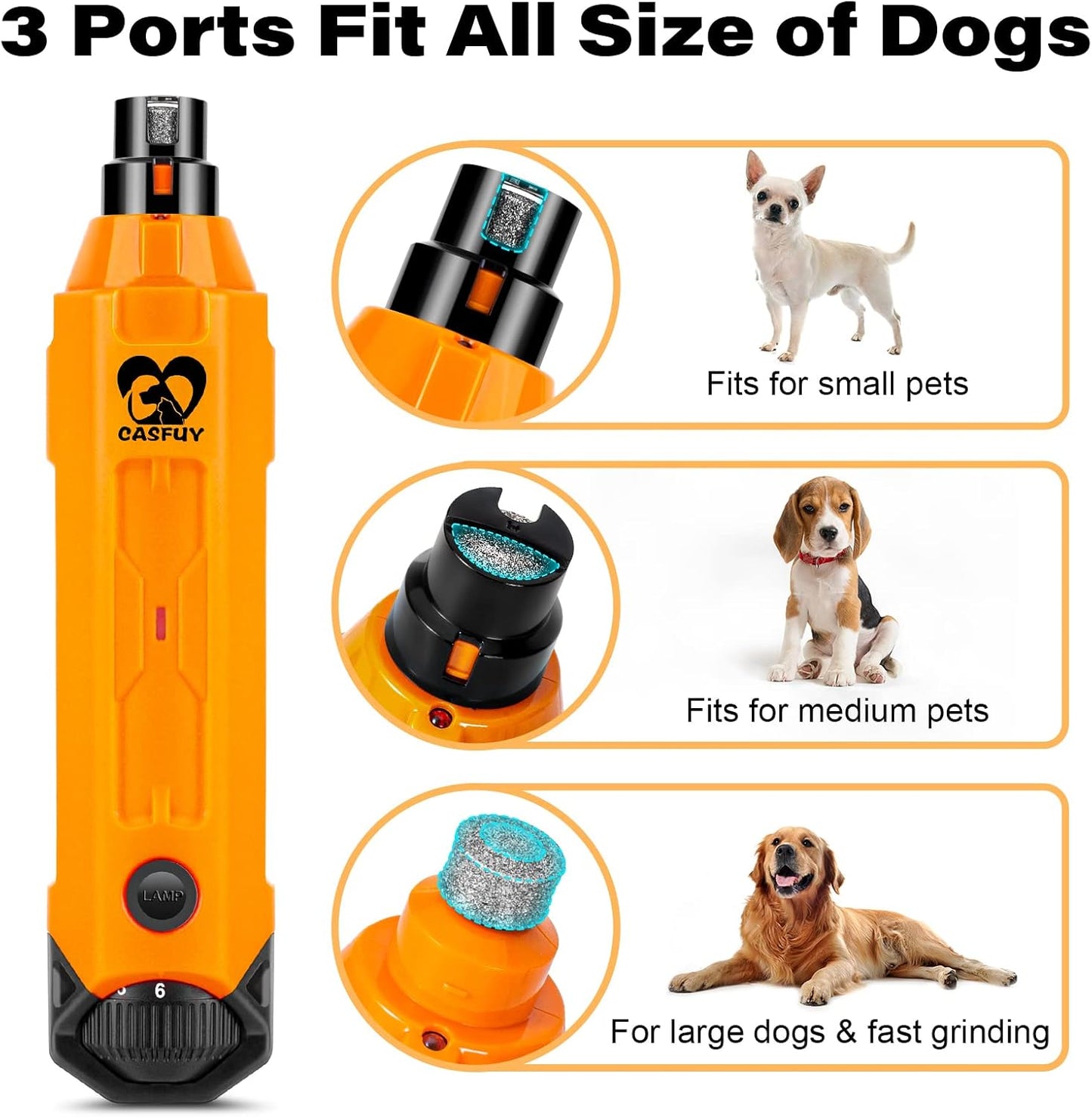 Casfuy 6-Speed Dog Nail Grinder - Newest Enhanced Pet Nail Grinder Super Quiet Rechargeable Electric Dog Nail Trimmer Painless Paws Grooming & Smoothing Tool for Large Medium Small Dogs (Orange)