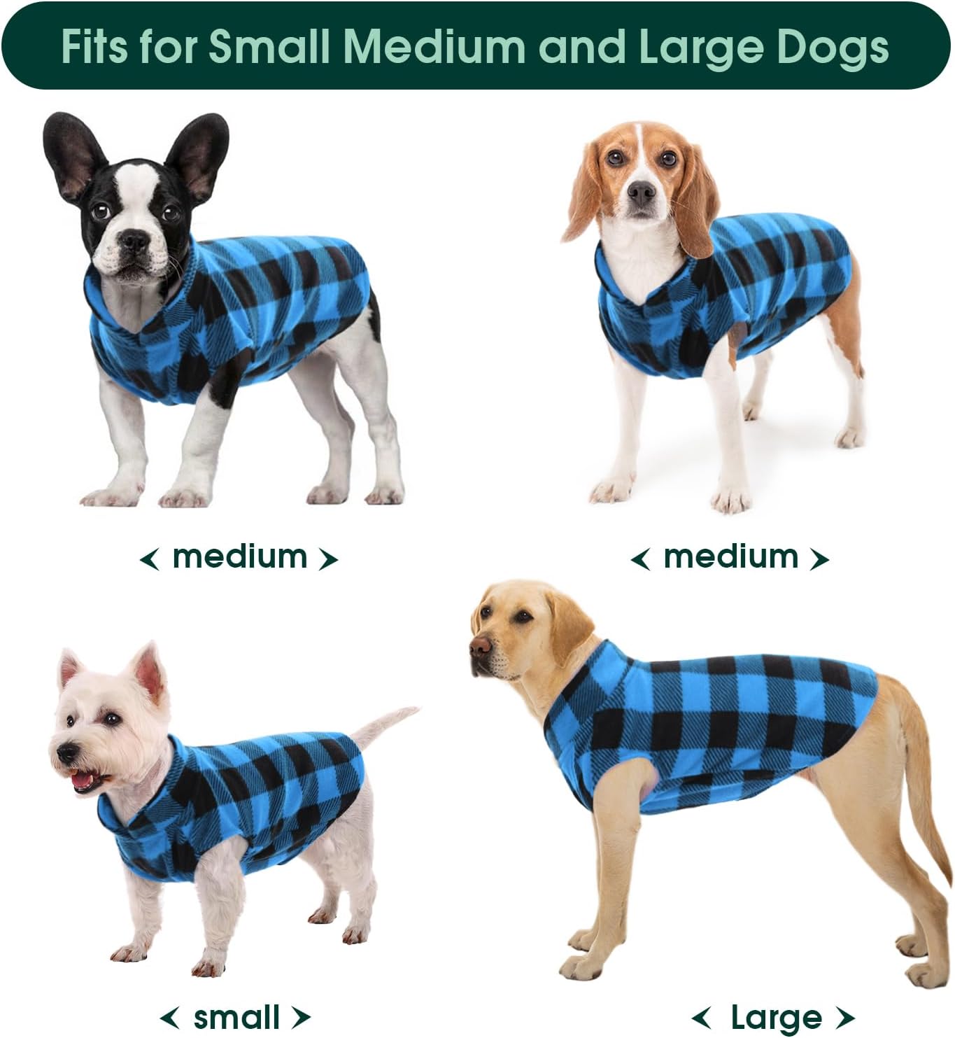 Kuoser Dog Fleece Vest,Warm Plaid Dog Sweater with Leash Hole,Soft Turtleneck Winter Pet Jacket Dogs Coat Pullover Clothes for Small Medium Dogs Cats,Spring Fall Cold Weather Christmas Outfit,Blue XXS