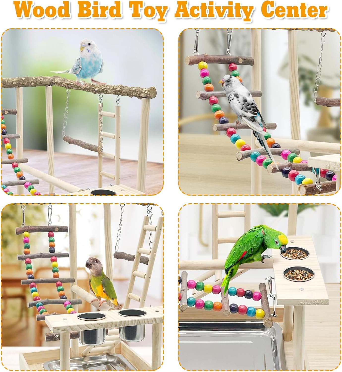 Hamiledyi Bird Playground Parrots Wood Perch Stand Cockatiel Playground Bird Play Gym Colours Climb Ladders Swing Chewing Toys with Parakeet Feeding Cups Exercise Activity Center for Lovebirds Conure