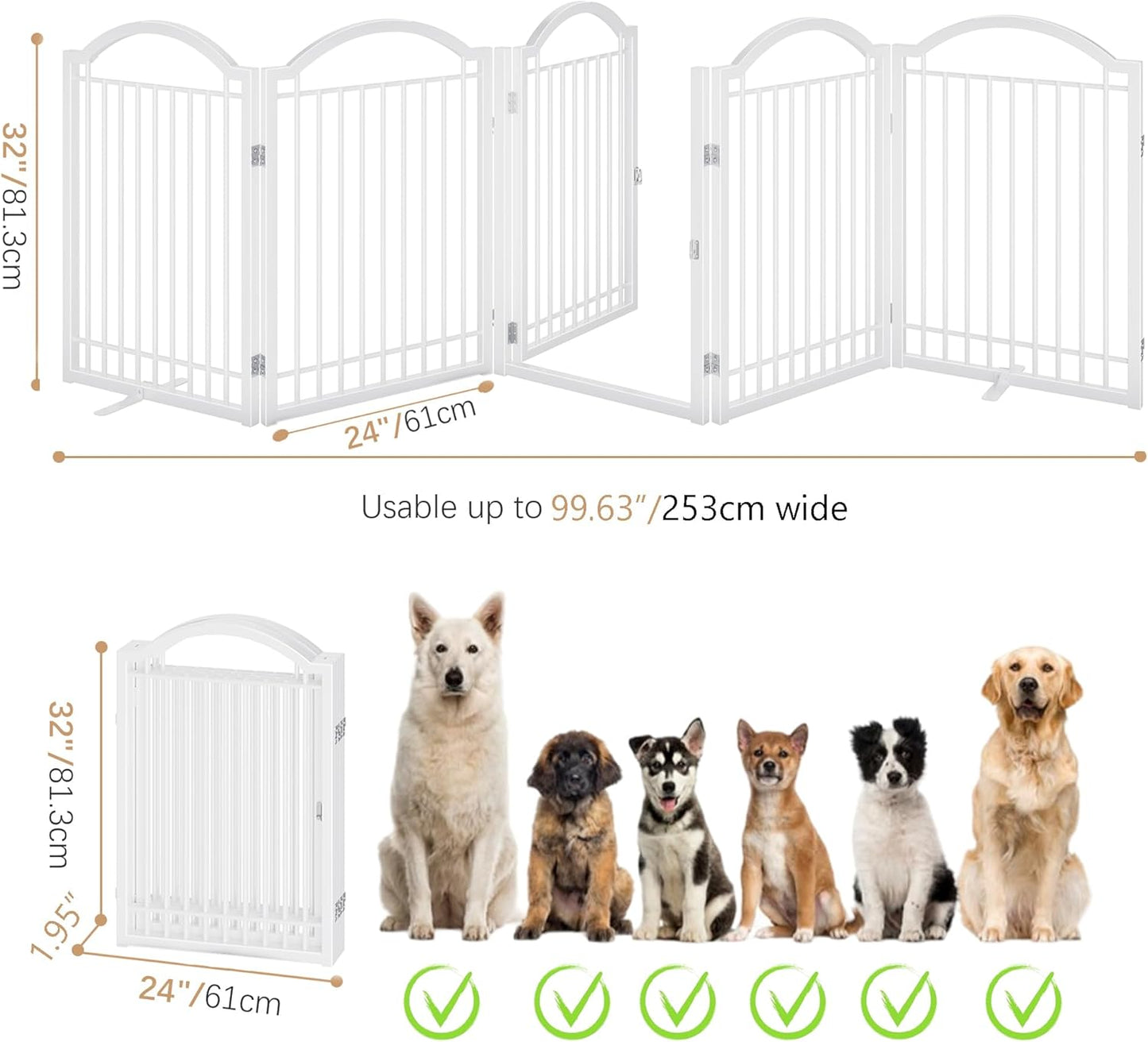 BHG Metal No-Assembly Freestanding Dog Gate with Door Walk Through, Extra Wide 120", Extra Tall 32" Pet Gate, Accordion Puppy Folding Playpen Dog Fence, with 2PCS Support (White, 5 Panels)