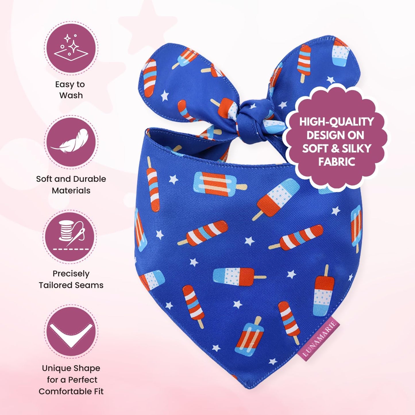LunaMarie - Luxury Pet Birthday Bandanas -Premium & Silky Poly Fabric | 100% Handmade | Custom Shape Dual Layered (4th of July, Medium)