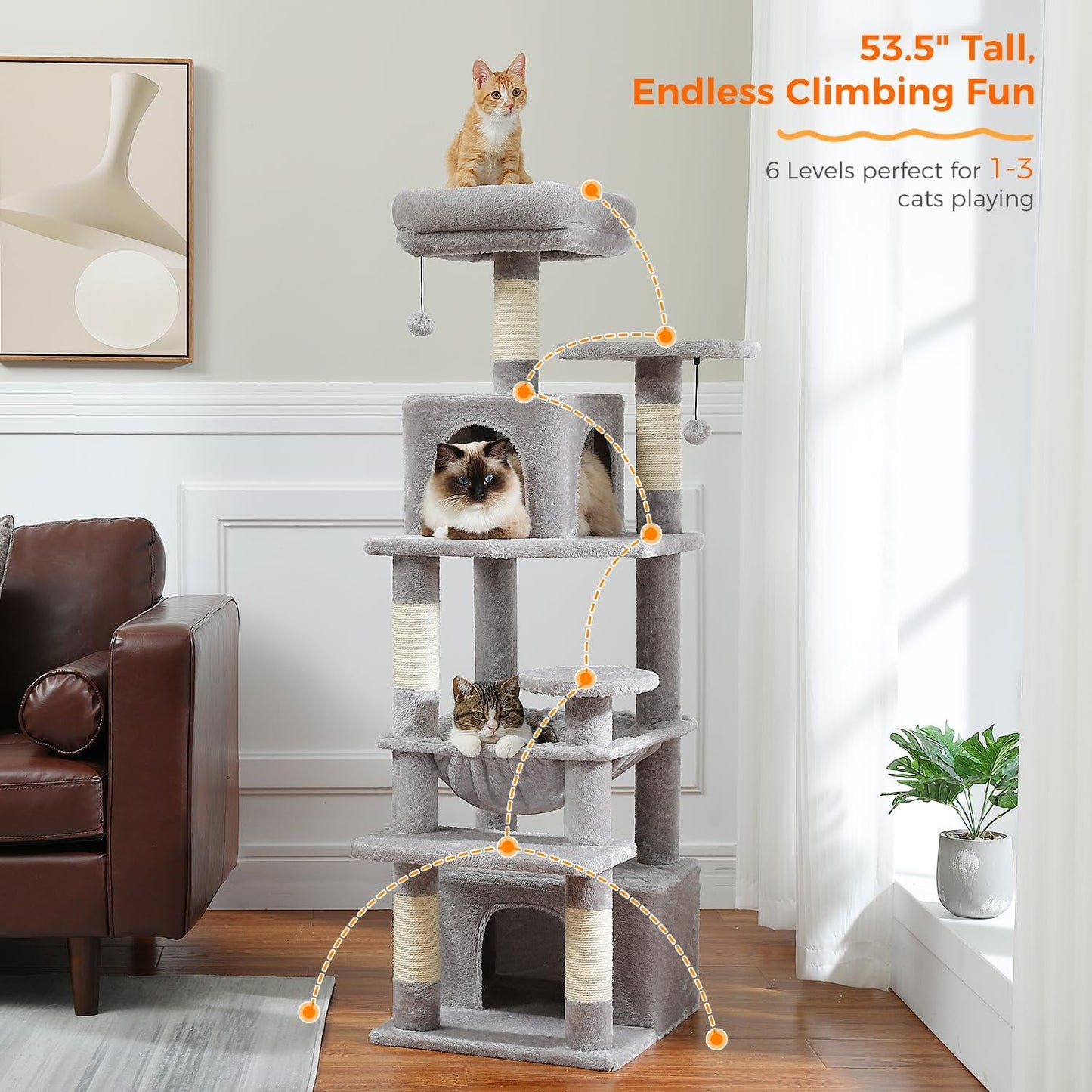 PAWZ Road Cat Tree, 53.5 Inches Tall Cat Tower with Spacious Hammocks, Condos and Scratching Posts, Cat House with Dual Padded Perches for Indoor Large Cats-Gray