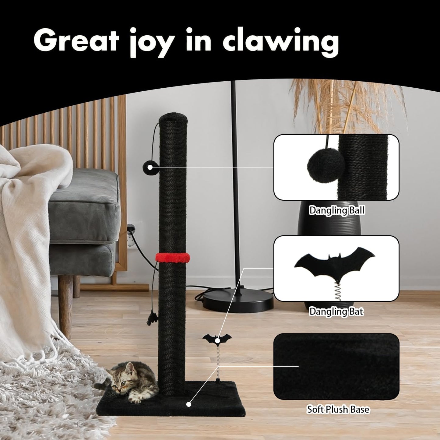 MECOOL Cat Scratching Post Premium Sisal Scratch Posts with Hanging Ball Vertical Scratcher for Indoor Cats and Kittens,Black