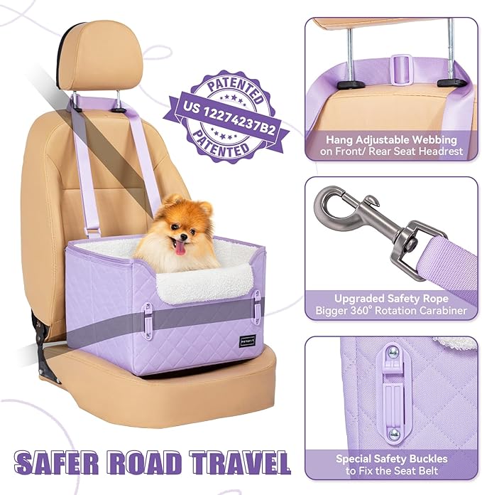 PETSFIT Dog Car Seats for Small Dogs, Patent Safe Buckles Cat Car Seat, Car Seat for Dogs with Safety Belt, Suitable for Small Pets Up to 25lbs (Lavender Purple)