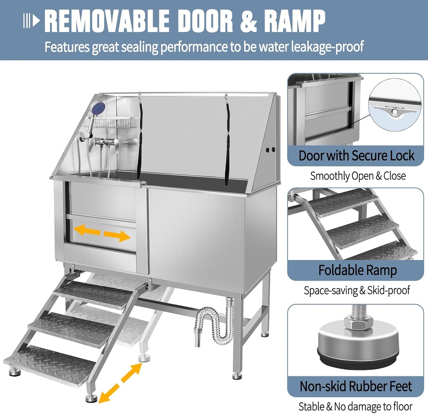 50" Dog Washing Station, Professional Stainless Steel Dog Bathing Station, Equipped/W Three Anti-Slip Steps, Removable Door, Upgraded Spray Nozzle&Hose - for Home, Pet Grooming Salon (50" Left ramp)