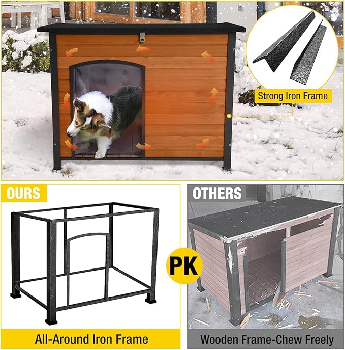 Insulated Outdoor Dog House with Liner for Winter Wooden Dog Kennel with All-Around Iron Frame,Waterproof