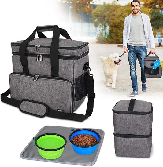 Teamoy Double Layer Dog Travel Bag, Dog Bag for Supplies with 2 Silicone Collapsible Bowls, 2 Food Carriers, 1 Water-Resistant Placemat, Pet Supplies Weekend Tote Organizer (Large, Gray)