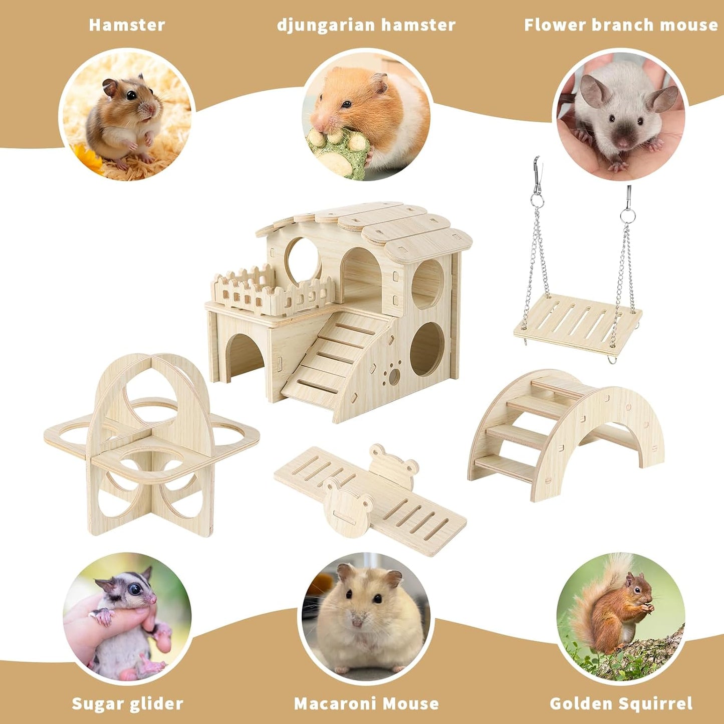 Wooden Hamster Toys 5-Piece Set - Natural Wood Hamster House, Swing, Climbing Ladder, Seesaw & Exercise Wheel - Small Animal Habitat Accessories for Dwarf Hamsters, Gerbils, Mice