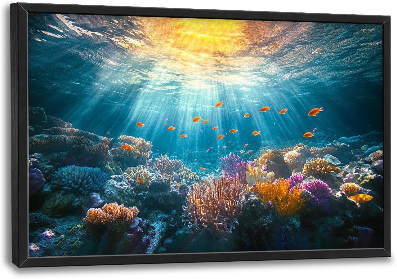 Quorin Ocean Large Wall Art Undersea Pictures Sea Nautical Wall Decor Coral Reef Fish Canvas Print Painting Artwork for Bathroom Living Room Bedroom 36L x 24W