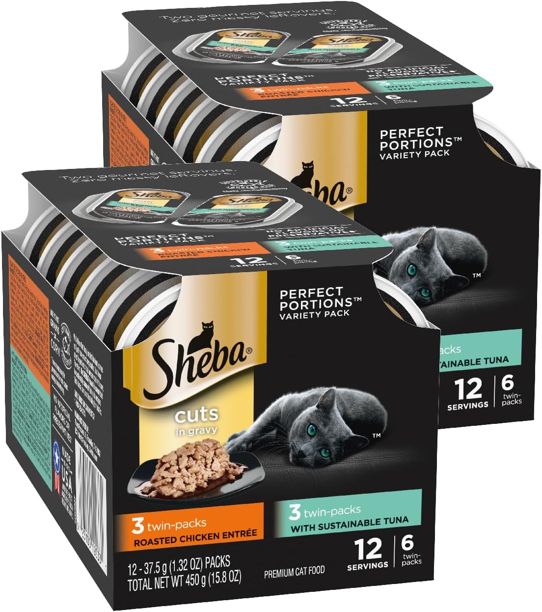 Sheba Perfect Portions Wet Cat Food Cuts in Gravy Variety Pack, with Sustainable Tuna and Roasted Chicken Entree, 2.6 oz. Twin-Pack Trays (6 Count, 12 Servings) (Pack of 2)