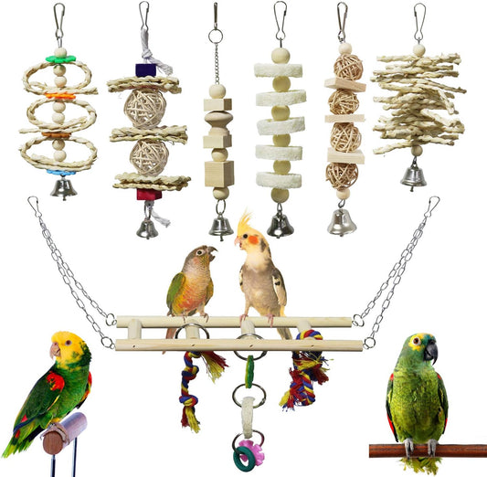 BWOGUE 7 Pack Bird Parrot Toys - Natural Wood Chewing, Climbing, Hanging & Hammock Toys for Small Parakeets, Cockatiels, Conures, Finches, Budgie, Parrots, Love Birds