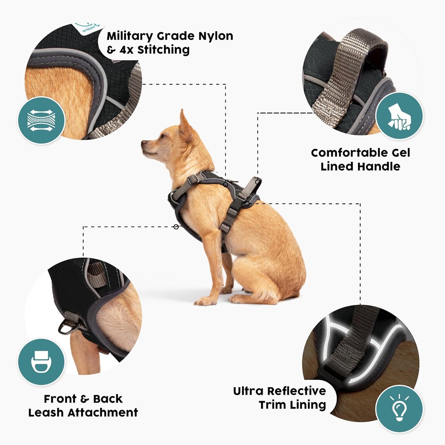 Embark Adventure Dog Harness, Reflective Trim No Pull Dog Harness Medium Sized - Military Grade Nylon, Front Clip with Gel Lined Handle. Soft & Padded Puppy Harnesses for Any Breed
