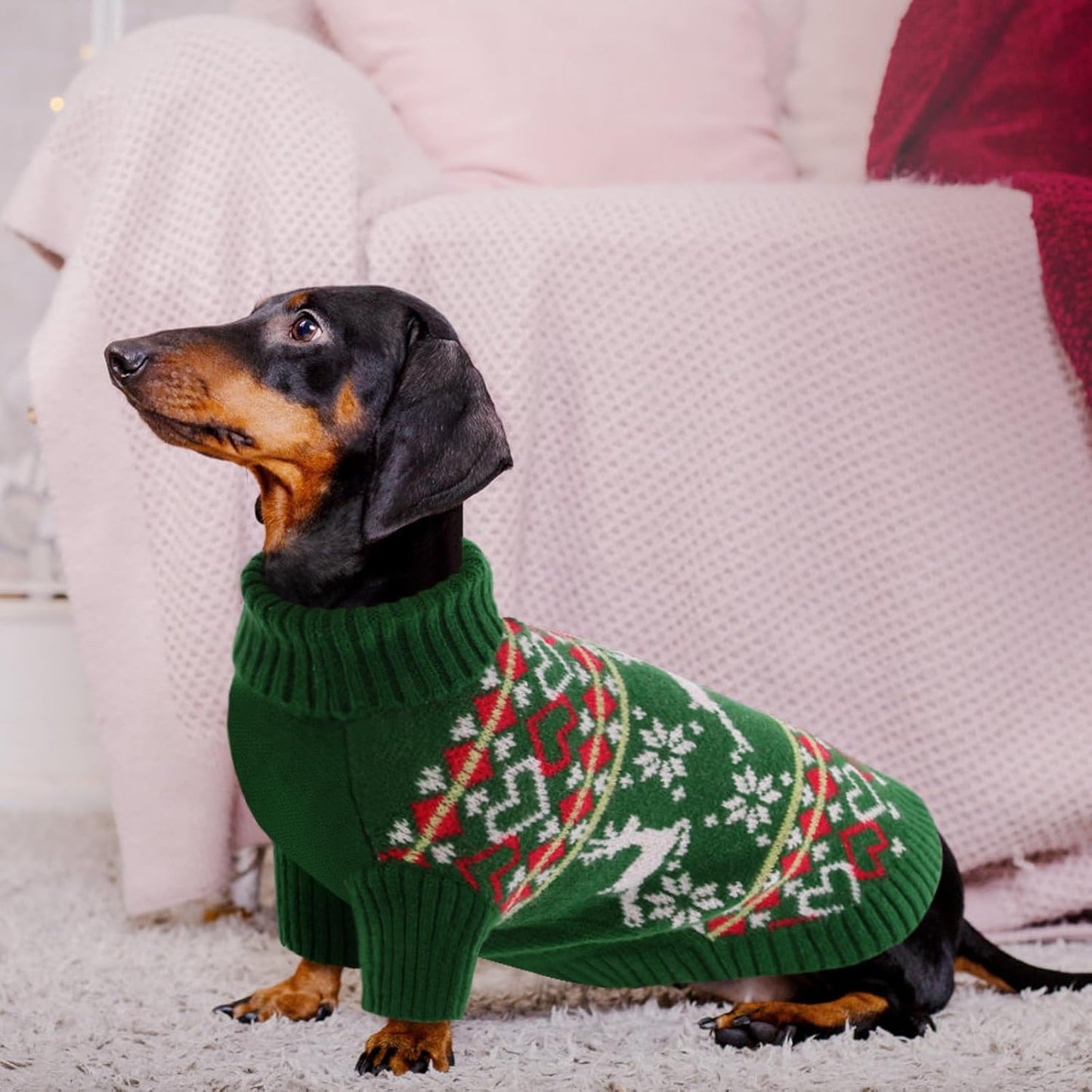 Queenmore Dog Christmas Sweater,Turtleneck Knitted Pullover Xmas Dog Clothes Sweatshirt,Pet Christmas Outfit, Warm Doggy Sweaters for Small Dogs Boy Girl M